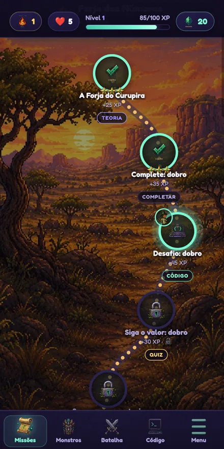 Mapa do bioma Cerrado com fases concluídas e desafios de código