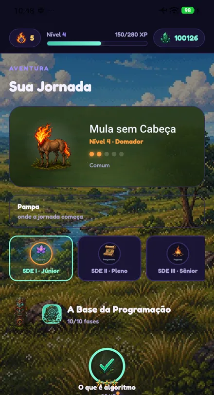 Tela Sua Jornada com o monstro do aluno e as trilhas SDE I a III