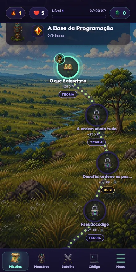 Mapa de fases no bioma Pampa, com trilha de teoria e quiz